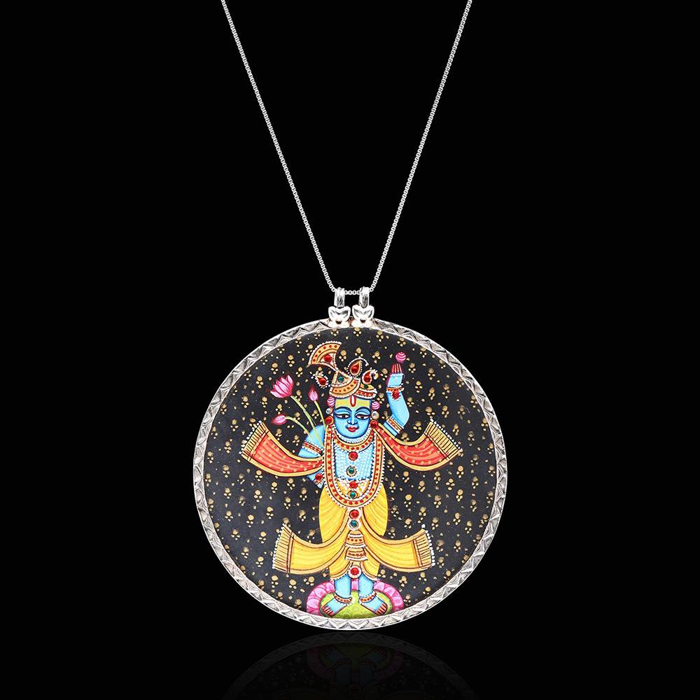 Sterling Silver Pendant With Round Shape Hand-Painted Shrinathji : JMY18