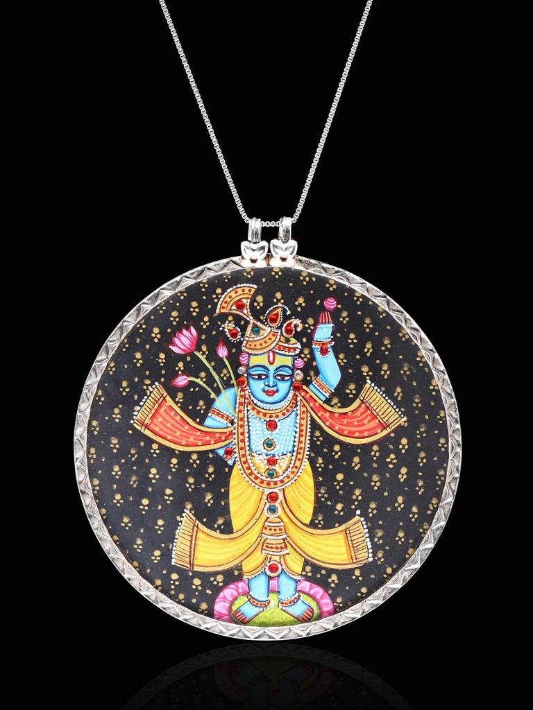 Sterling Silver Pendant With Round Shape Hand-Painted Shrinathji : JMY18