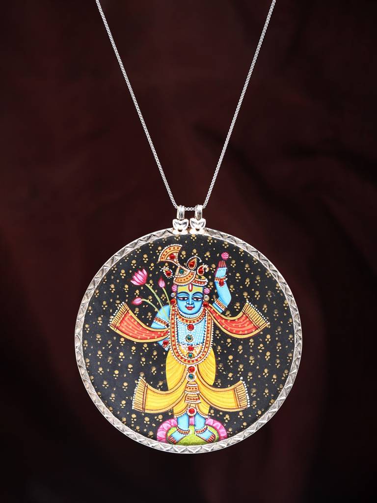 Sterling Silver Pendant With Round Shape Hand-Painted Shrinathji : JMY18