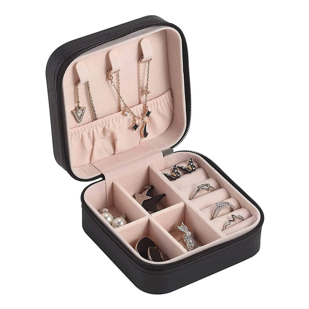 Estele Jewellery Organiser Box Leather Zipper Lock Portable Mini Jewellery Storage Box Case With Dividers : JOB-001-BLACK-JO-BOX