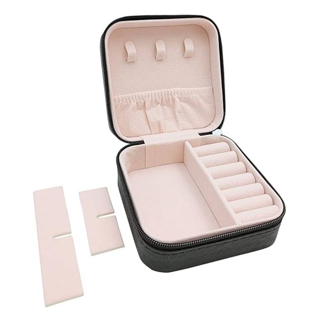 Estele Jewellery Organiser Box Leather Zipper Lock Portable Mini Jewellery Storage Box Case With Dividers : JOB-001-BLACK-JO-BOX