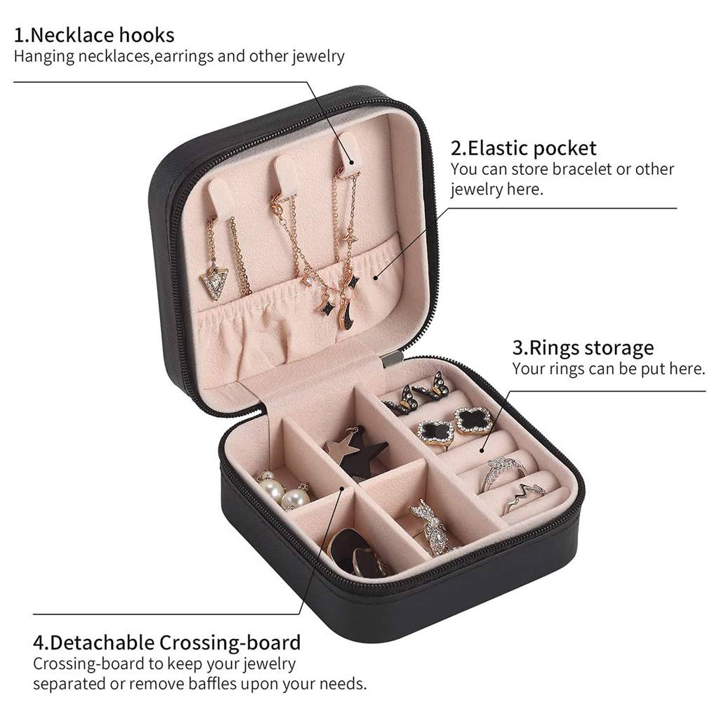 Estele Jewellery Organiser Box Leather Zipper Lock Portable Mini Jewellery Storage Box Case With Dividers : JOB-001-BLACK-JO-BOX