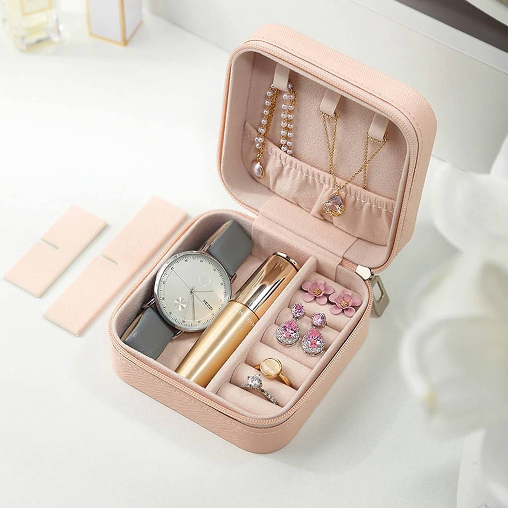 le Jewellery Organiser Box Pink Leather Zipper Lock Portable Mini Jewellery Storage Box Case With Dividers : JOB-001-PINK-JO-BOX