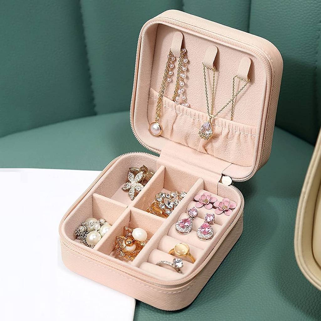 le Jewellery Organiser Box Pink Leather Zipper Lock Portable Mini Jewellery Storage Box Case With Dividers : JOB-001-PINK-JO-BOX