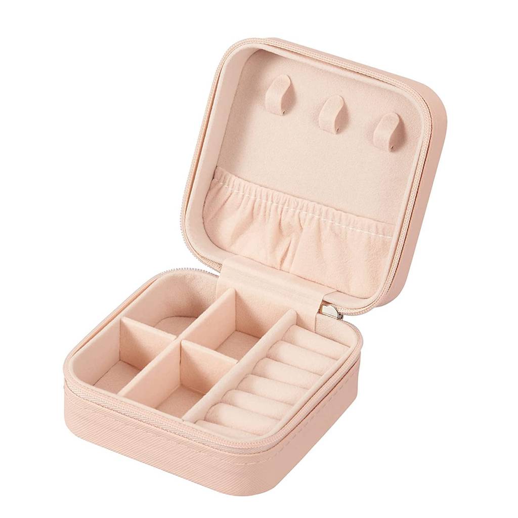 le Jewellery Organiser Box Pink Leather Zipper Lock Portable Mini Jewellery Storage Box Case With Dividers : JOB-001-PINK-JO-BOX