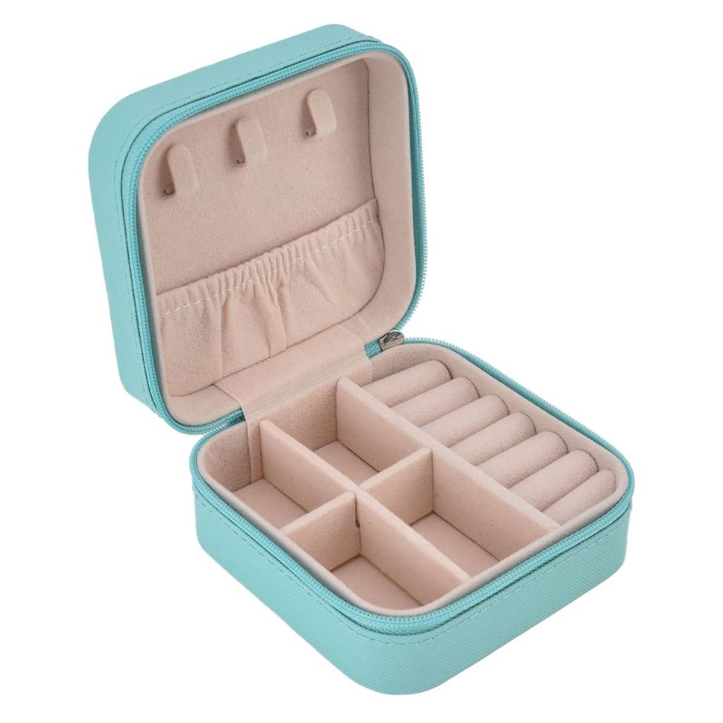 le Jewellery Organiser Box Teal Leather Zipper Lock Portable Mini Jewellery Storage Box Case With Dividers : JOB-001-TEAL-JO-BOX