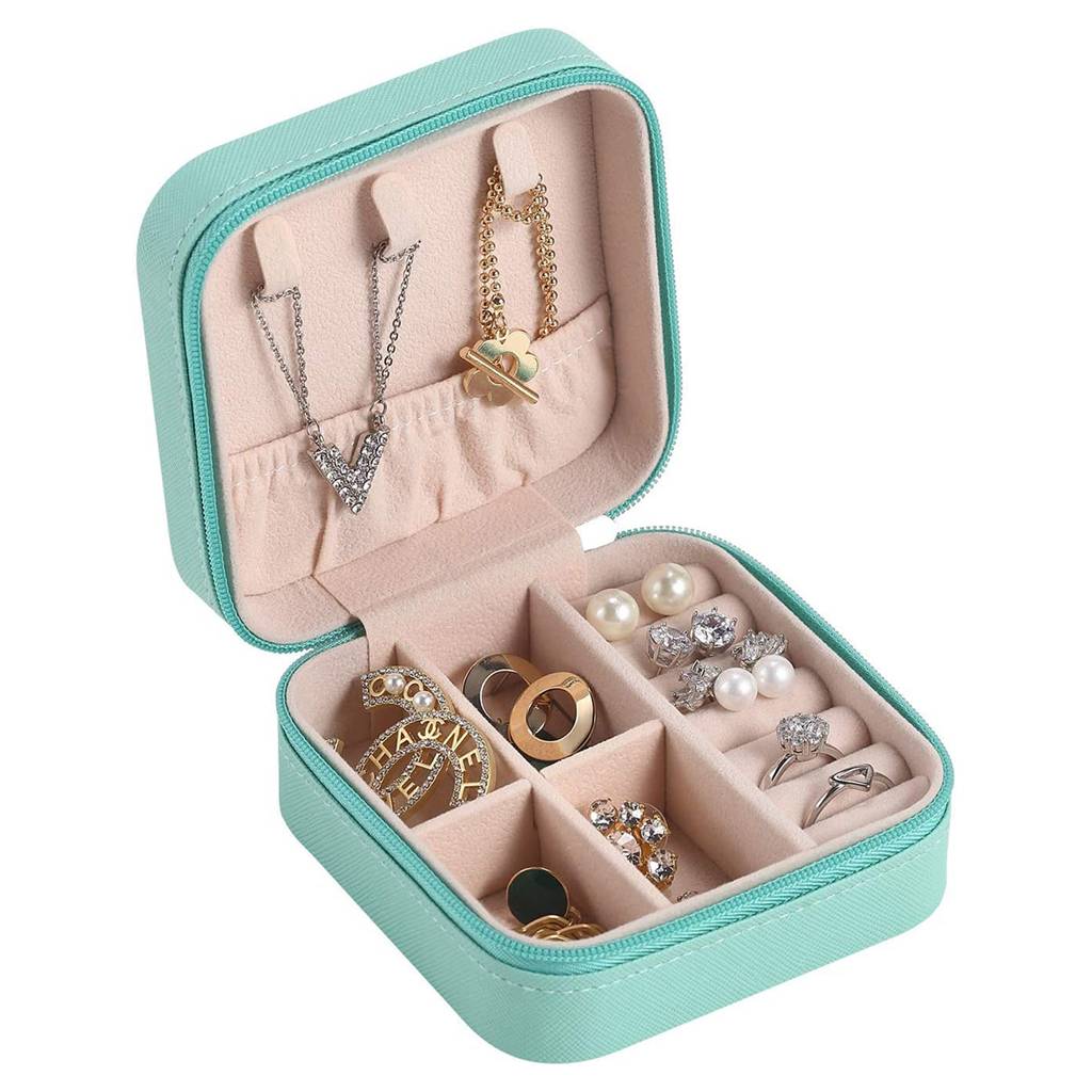 le Jewellery Organiser Box Teal Leather Zipper Lock Portable Mini Jewellery Storage Box Case With Dividers : JOB-001-TEAL-JO-BOX