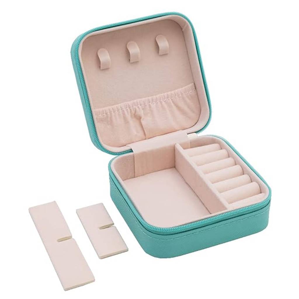 le Jewellery Organiser Box Teal Leather Zipper Lock Portable Mini Jewellery Storage Box Case With Dividers : JOB-001-TEAL-JO-BOX