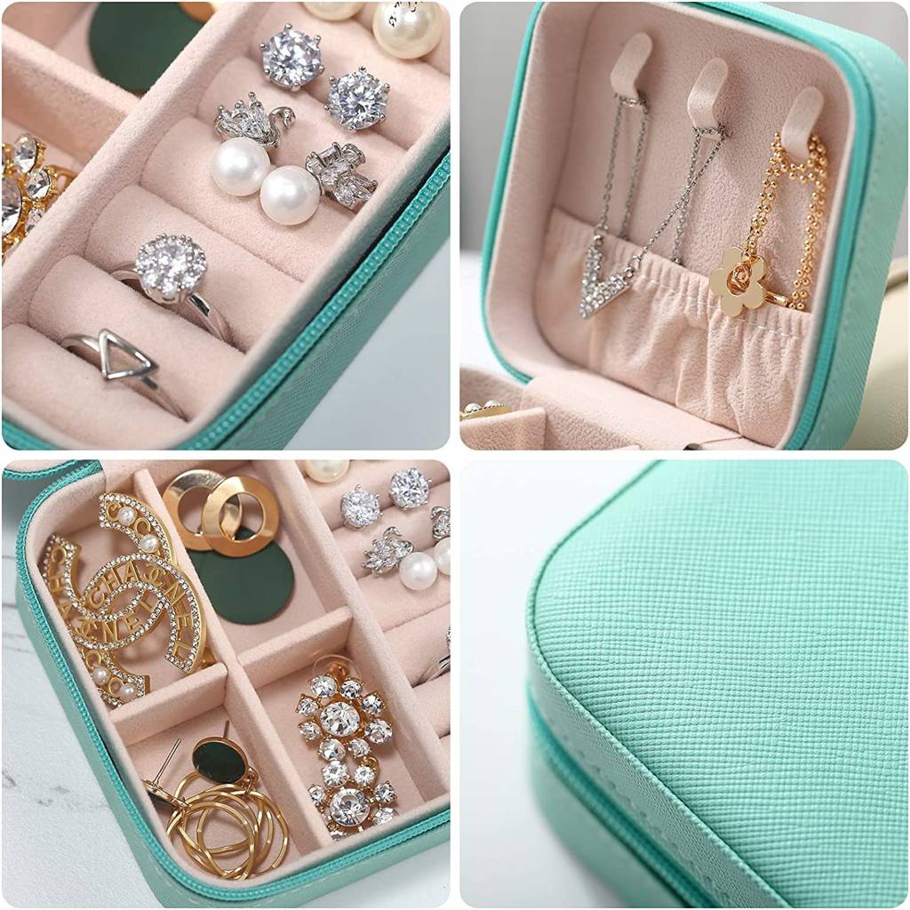 le Jewellery Organiser Box Teal Leather Zipper Lock Portable Mini Jewellery Storage Box Case With Dividers : JOB-001-TEAL-JO-BOX