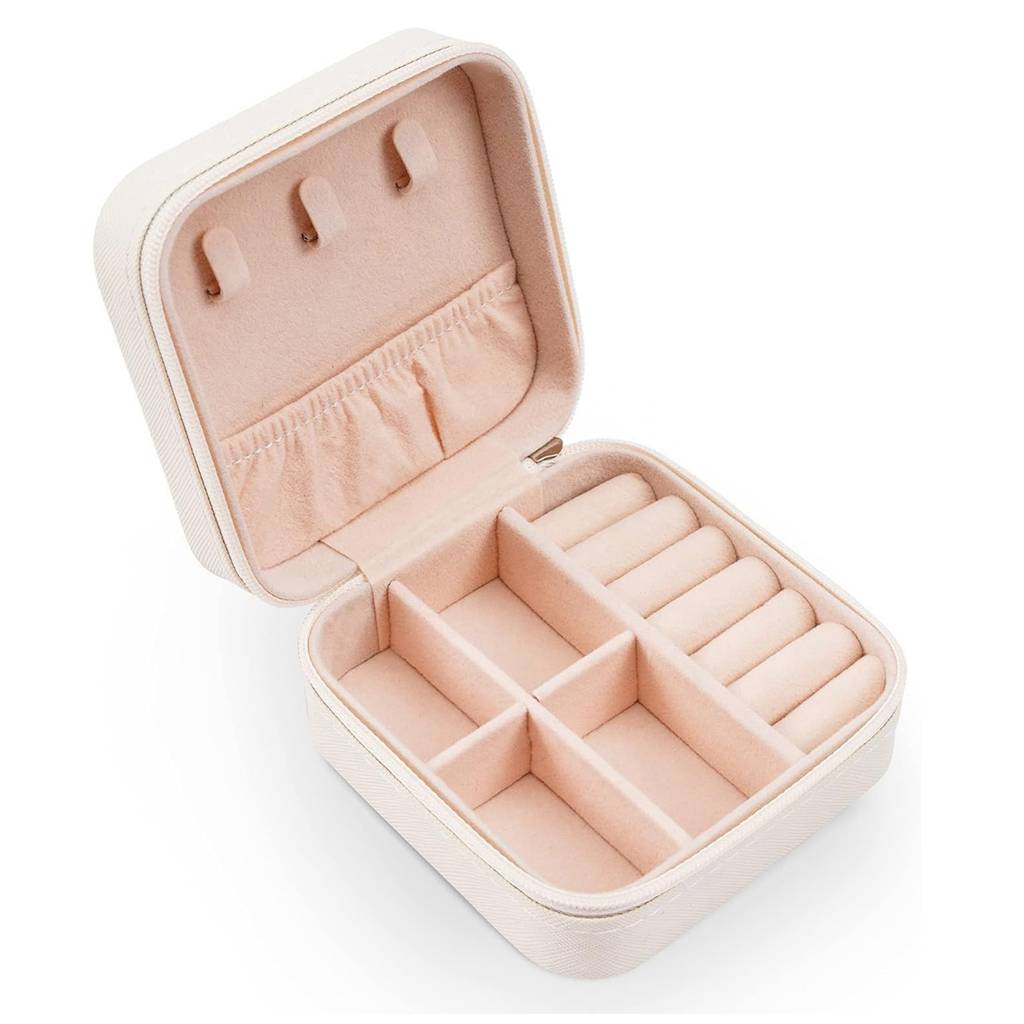 e Jewellery Organiser Box White Leather Zipper Lock Portable Mini Jewellery Storage Box Case With Divider : JOB-001-WHITE-JO-BOX