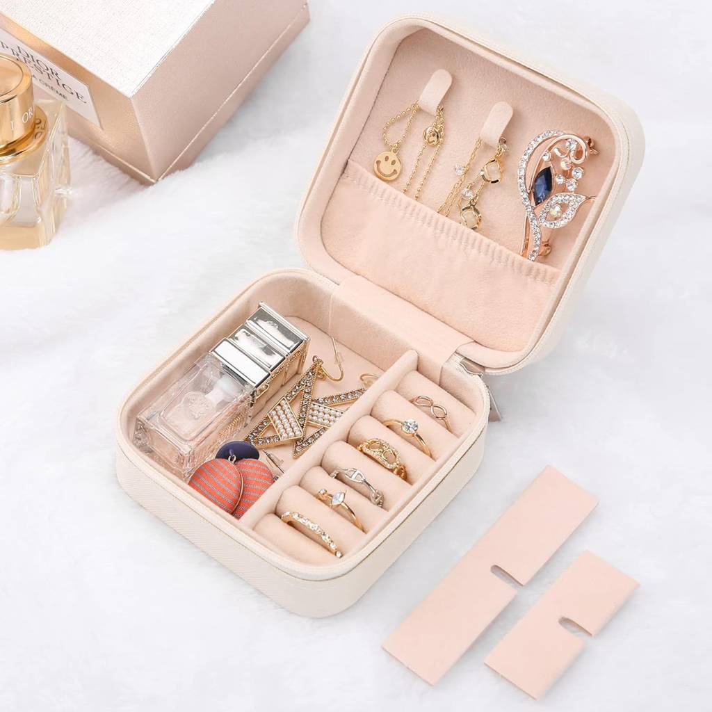 e Jewellery Organiser Box White Leather Zipper Lock Portable Mini Jewellery Storage Box Case With Divider : JOB-001-WHITE-JO-BOX