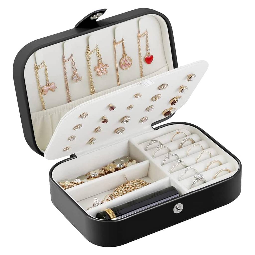 e Jewellery Organiser Box Black Leather Portable Big Size White Jewellery Storage Box Case With Dividers  : JOB-002-BLACK-JO-BOX