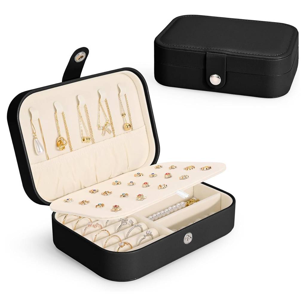 e Jewellery Organiser Box Black Leather Portable Big Size White Jewellery Storage Box Case With Dividers  : JOB-002-BLACK-JO-BOX