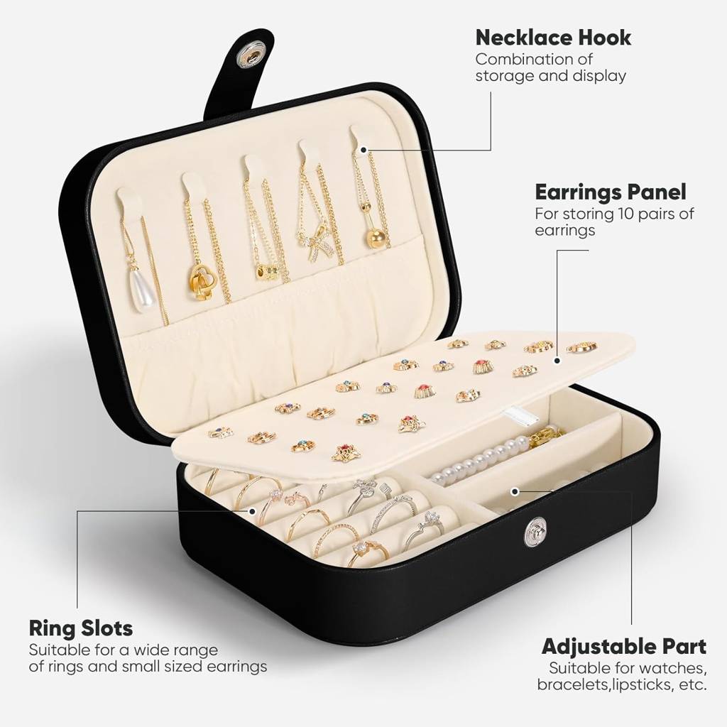 e Jewellery Organiser Box Black Leather Portable Big Size White Jewellery Storage Box Case With Dividers  : JOB-002-BLACK-JO-BOX