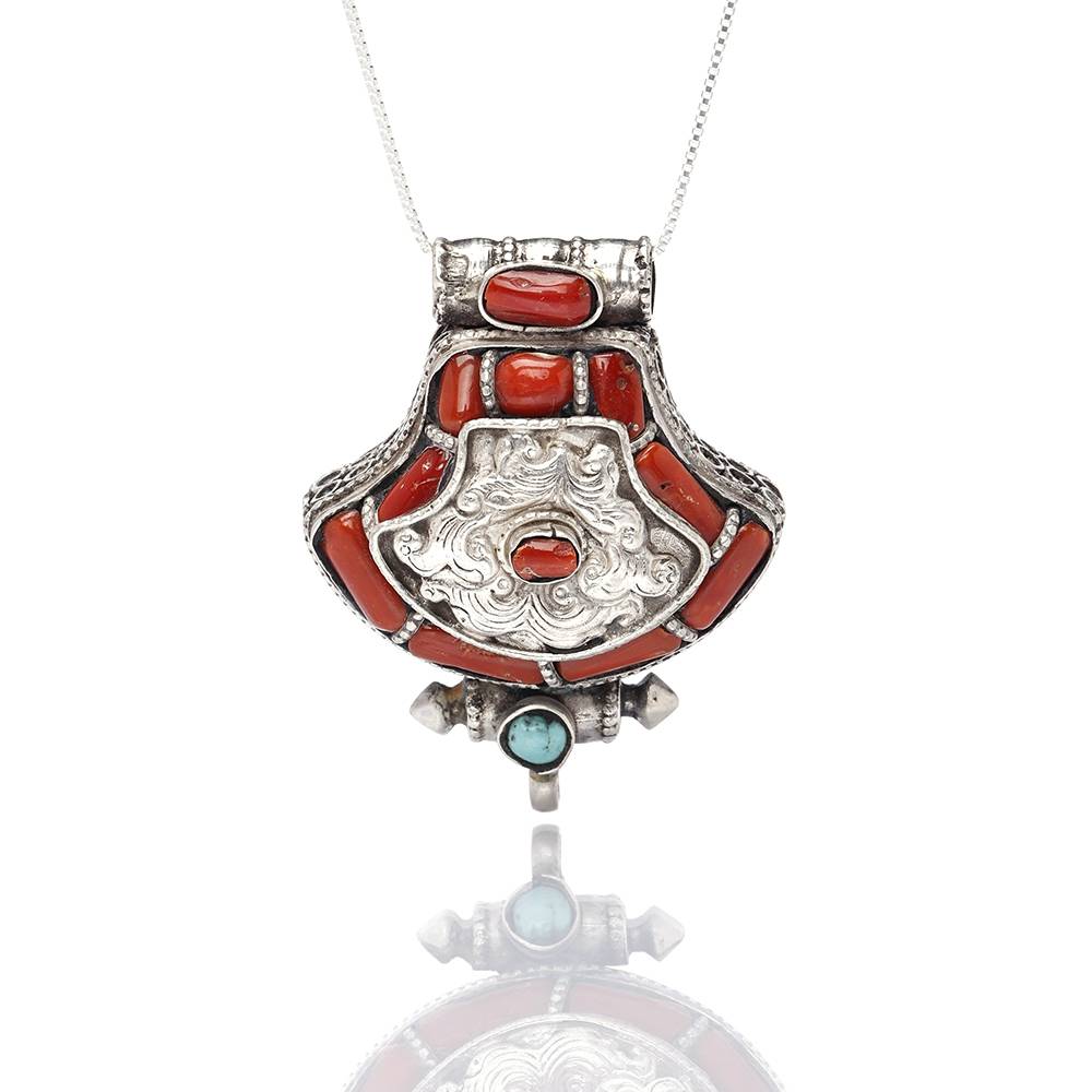 Sterling Silver Pendant Tibetan Gau Box With Coral And Tibetan Turquoise : JQA06
