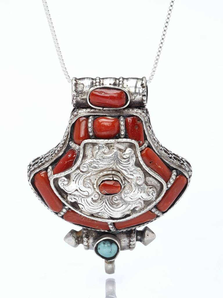 Sterling Silver Pendant Tibetan Gau Box With Coral And Tibetan Turquoise : JQA06