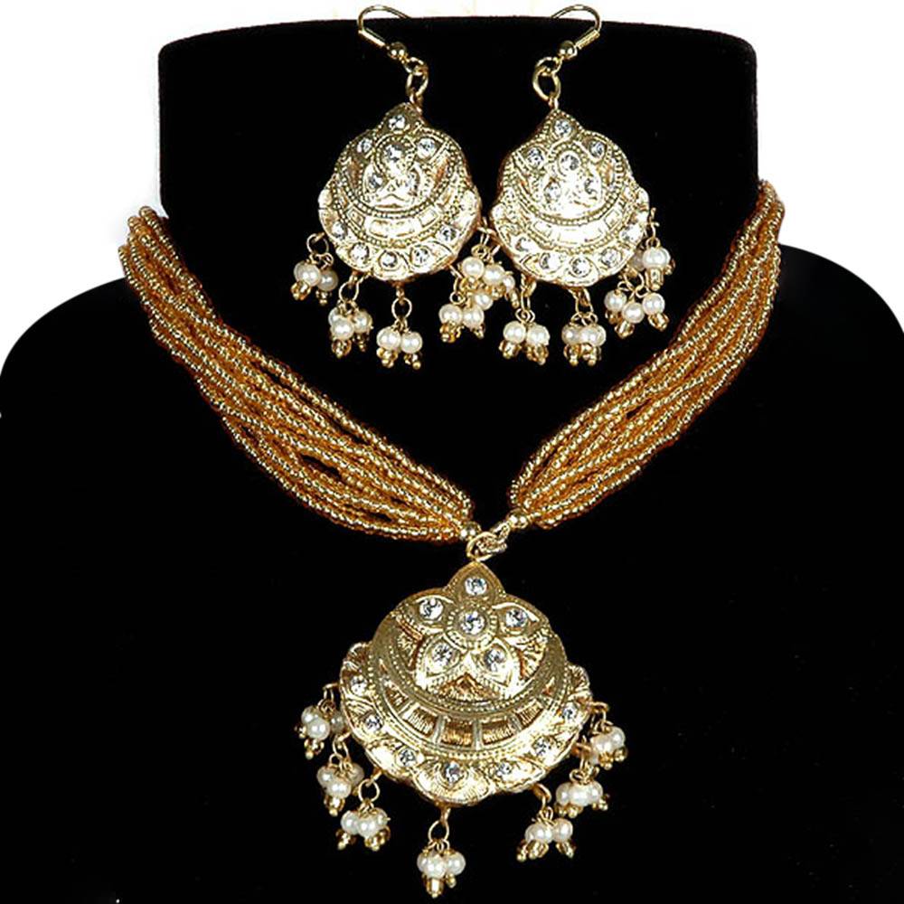 Lacquer With Cut Glass Necklace And Earrings Set With Golden Islamic Star And Moon Beaded Chain : JRX08