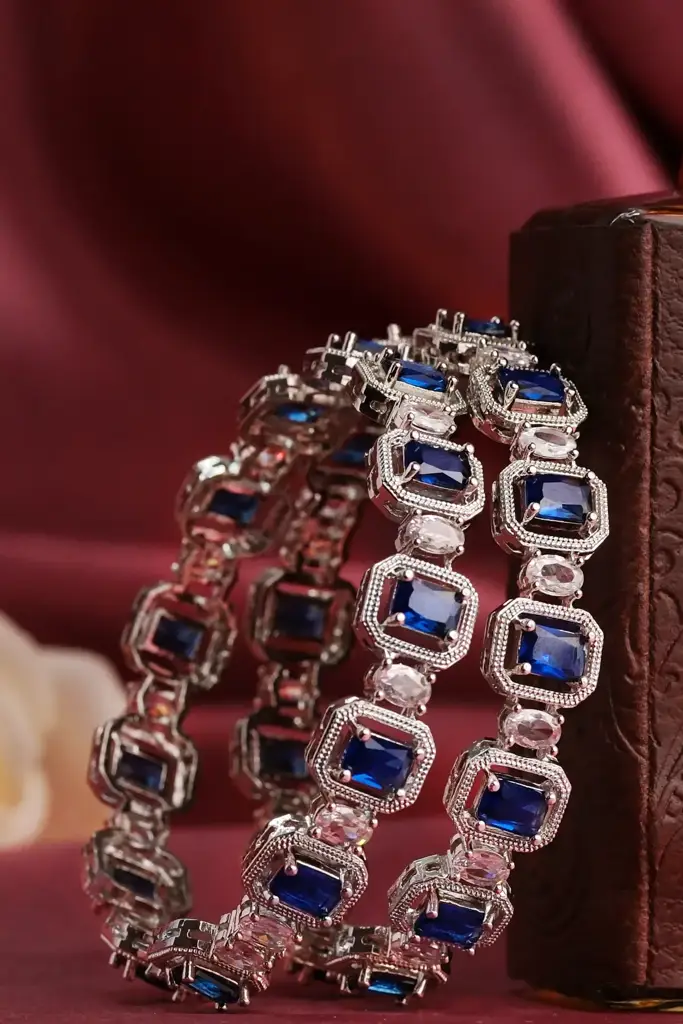Royal Blue Sapphire Crystal Tennis Bangles For Women | Premium Silver-Plated Designer Bracelet Bangles : AST-BRA-0085
