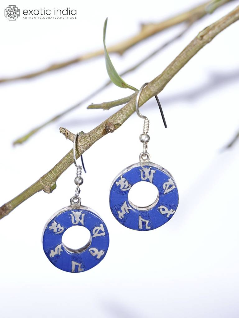 Sterling Silver Earrings Om Mani Padme Hum Lapis Lazuli Inlay Donut : JUT90