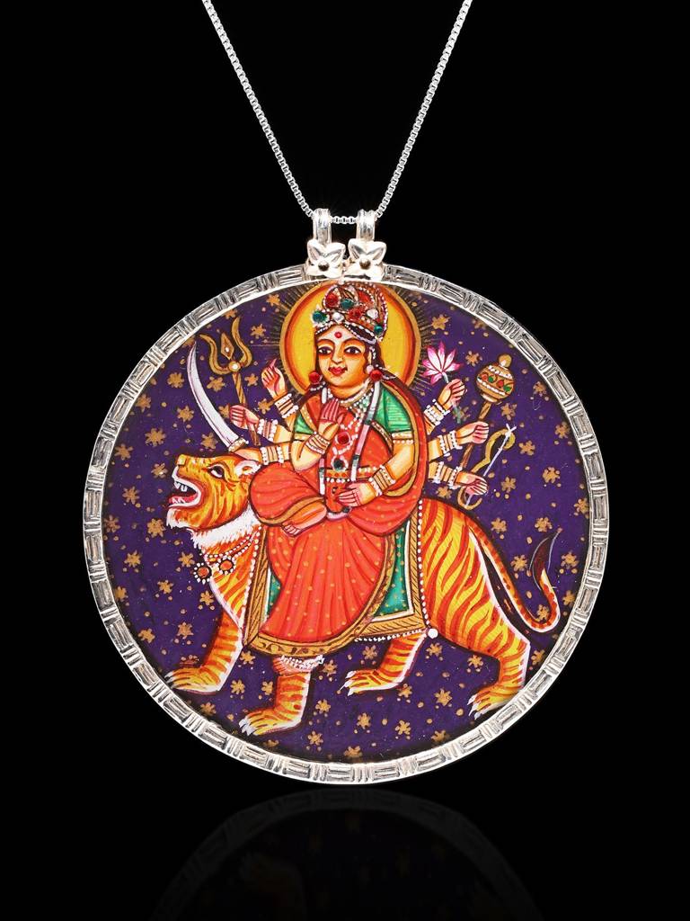 Sterling Silver Pendant Round Shape Hand-Painted Goddess Durga : JUZ92