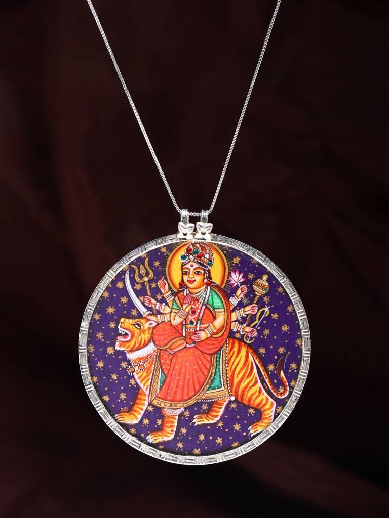Sterling Silver Pendant Round Shape Hand-Painted Goddess Durga : JUZ92