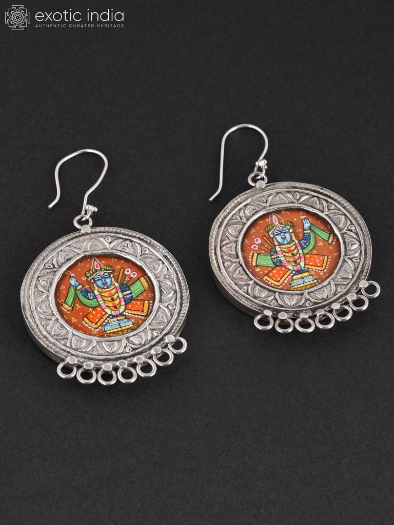 Sterling Silver Hook Earrings Hand-Painted Shrinathji : JVZ80
