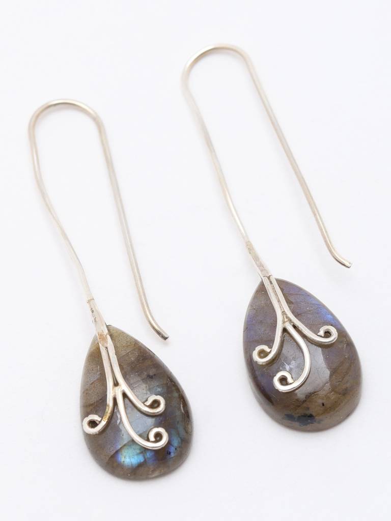 Sterling Silver Earrings Pear Shape Labradorite Long Hook : JXA82