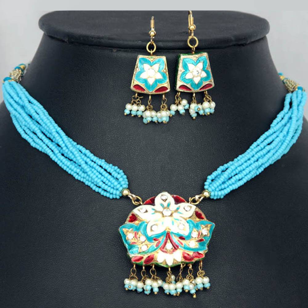 Lacquer With Cut Glass Necklace And Earrings Set With Turquoise Star-Spangled & Peacocks On Reverse : JXO75