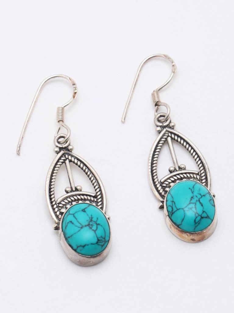 Sterling Silver Earrings Oval Cut Tibetan Turquoise Hook : JXW30