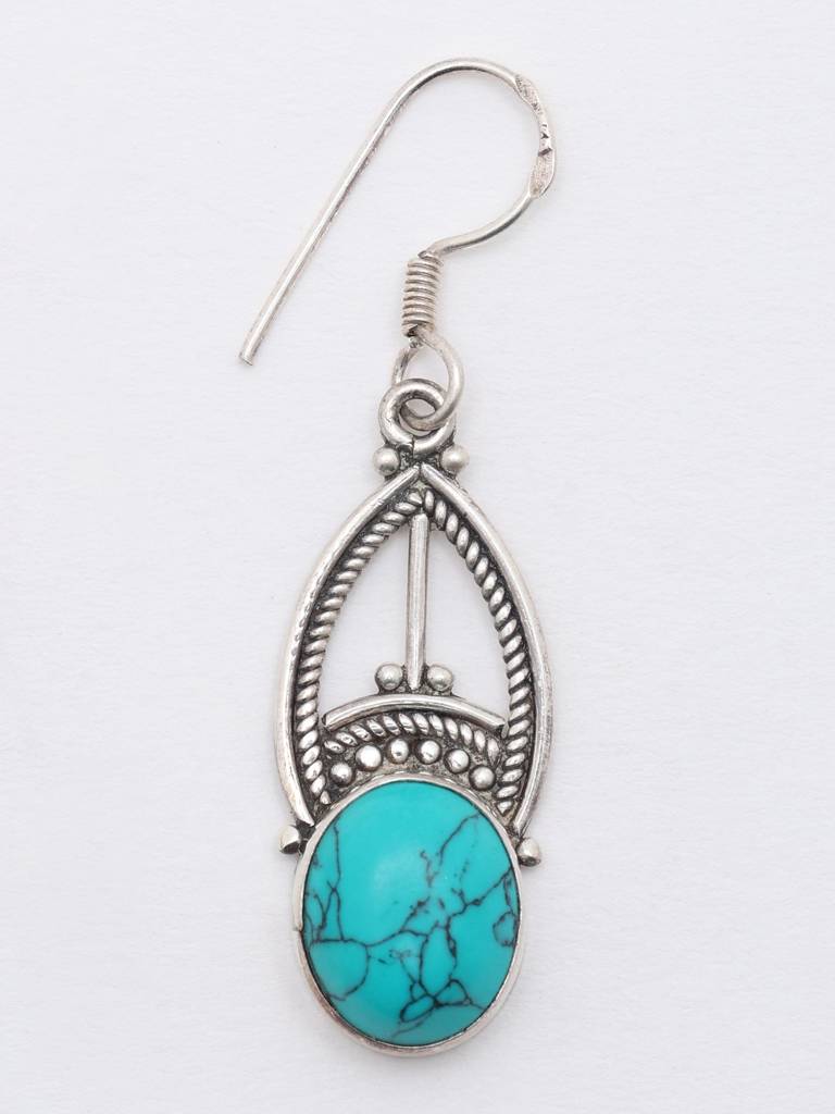 Sterling Silver Earrings Oval Cut Tibetan Turquoise Hook : JXW30