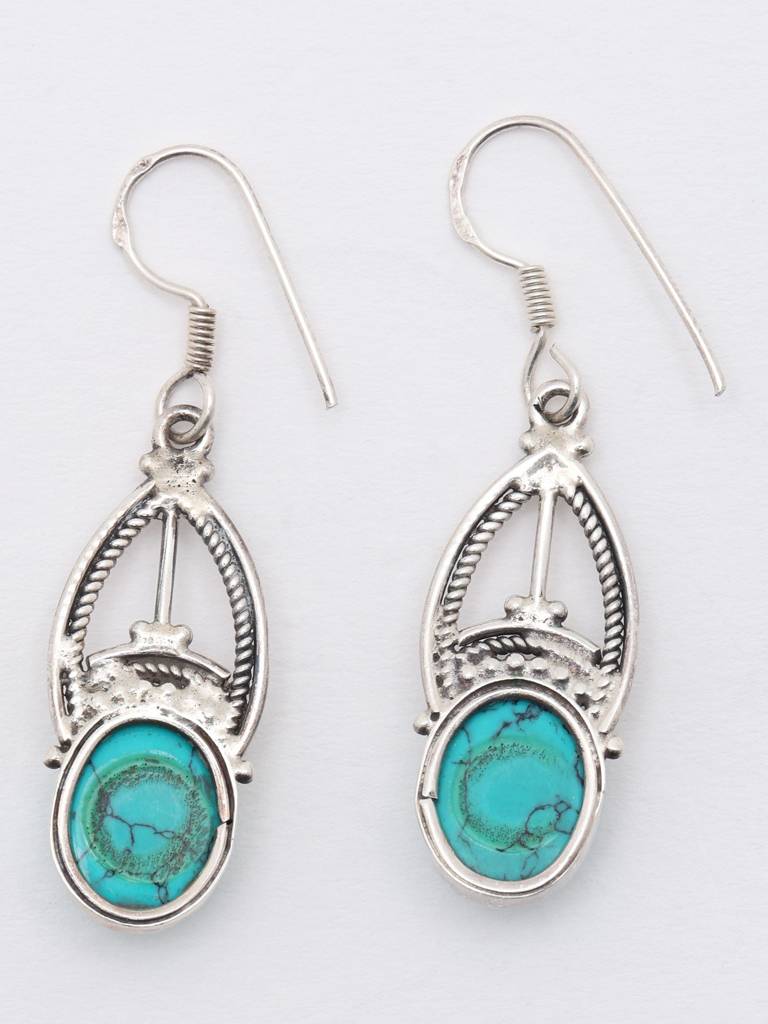 Sterling Silver Earrings Oval Cut Tibetan Turquoise Hook : JXW30