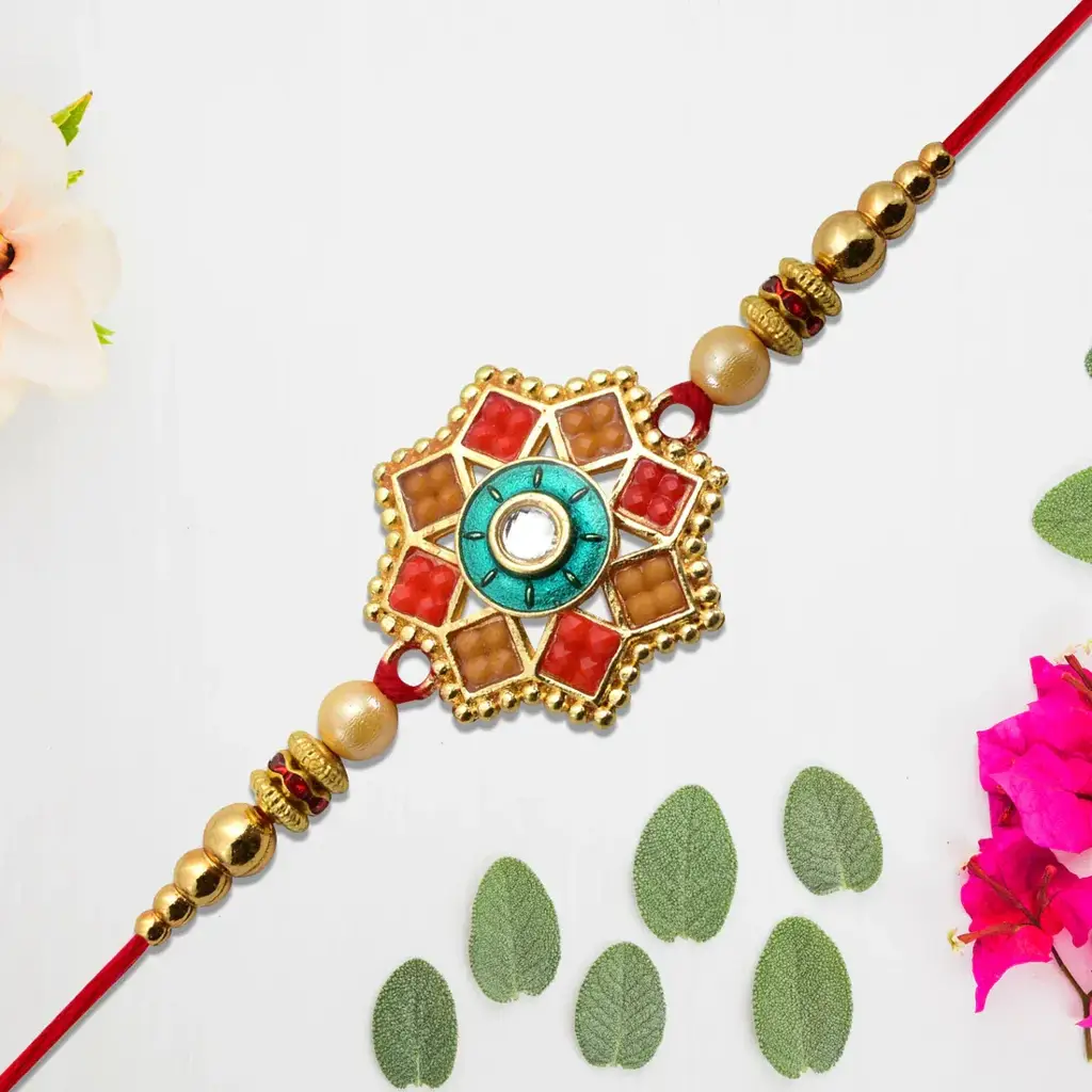 Eternz Certified Jewellery - ASTRIA JEWELLERY Royal Designer Rakhi With Kundan & Enamel Work, Golden Beads