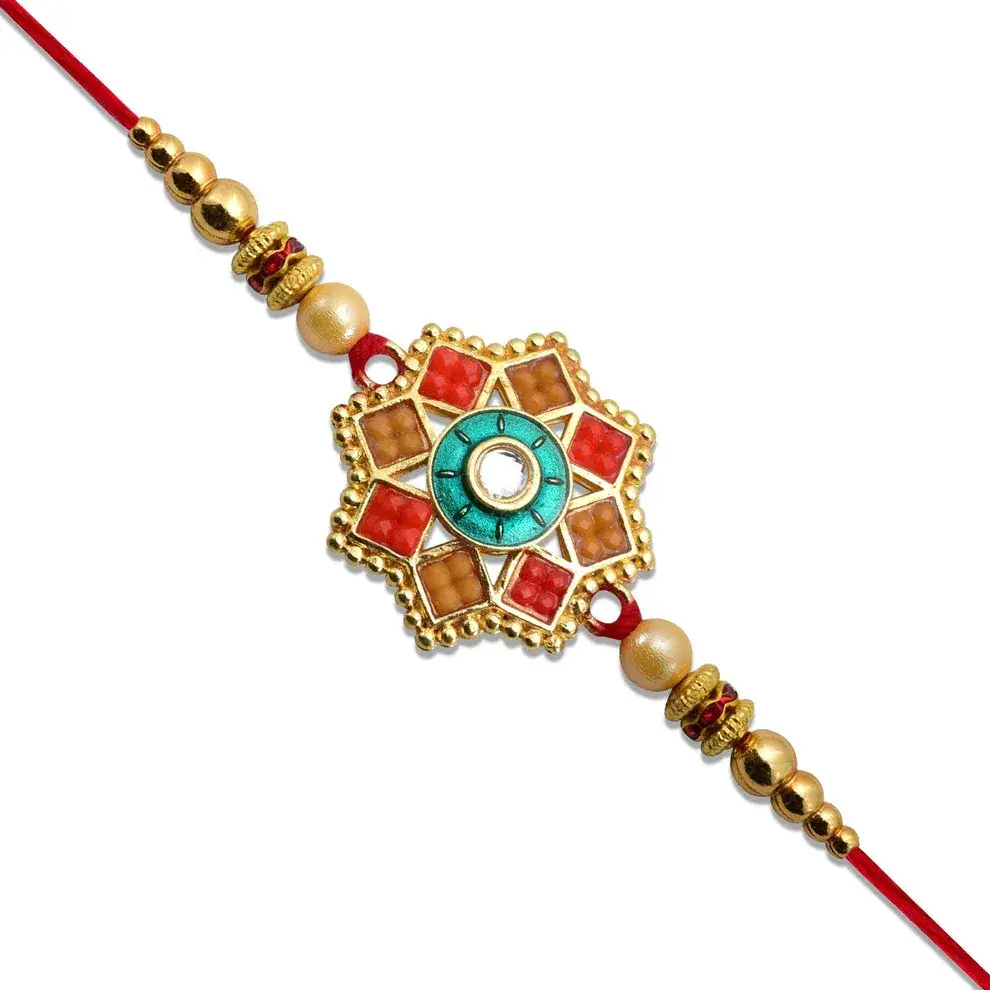 Royal Designer Rakhi With Kundan & Enamel Work, Golden Beads : MRR-RAKHI-0022