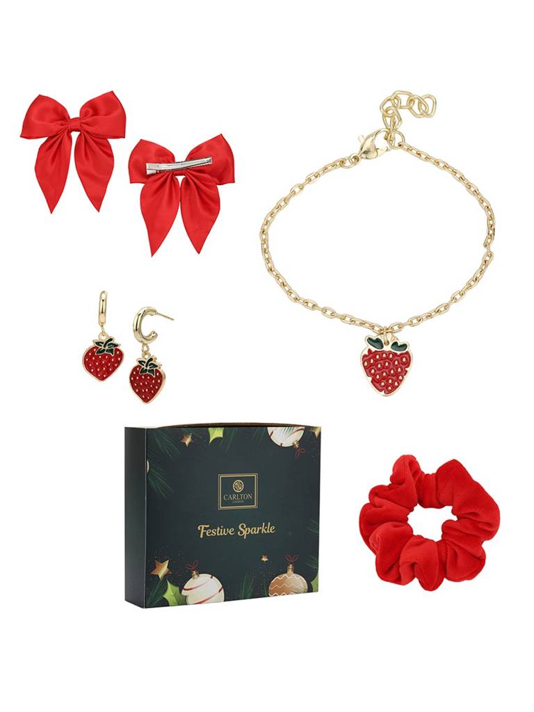 Red Luxe Kids Gift Box – Cherry Charm Bracelet & Cherry Drop Earrings, Red Bow Clip & Velvet Scrunchies Set : KAS160