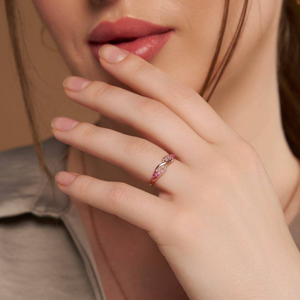 18K Gold Vermeil Pink Pave Twist Ring : KRST0028-Gold-5