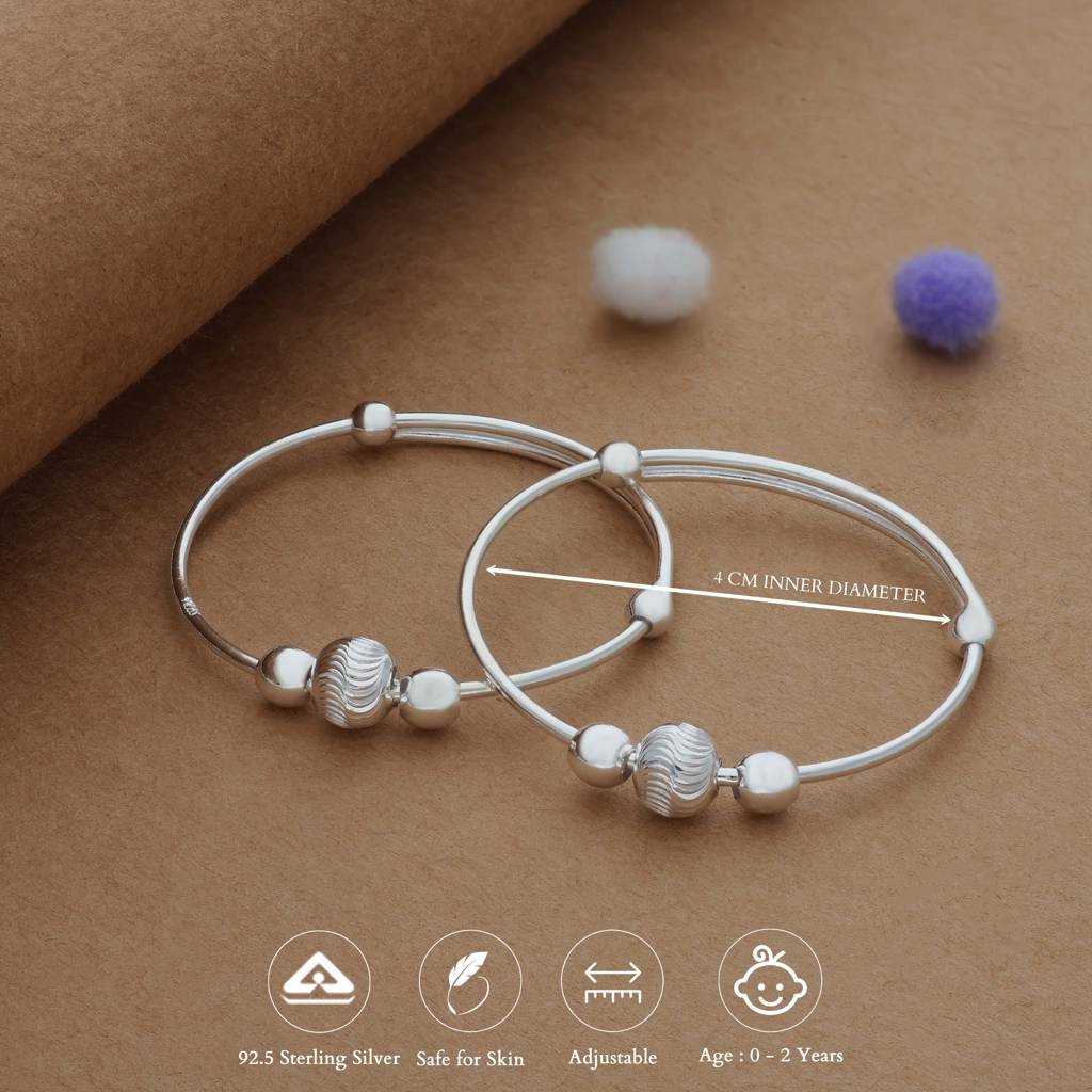 Classic Bead 925 Silver Kid Bangles For Daily Use (0-2 Yrs) : KB-CC-RH-C-137-P
