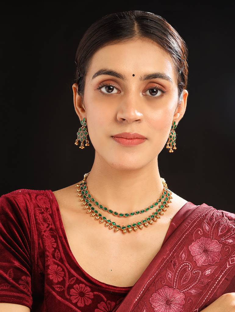 Green Kemp Double Line Necklace Set : Kempu110Green