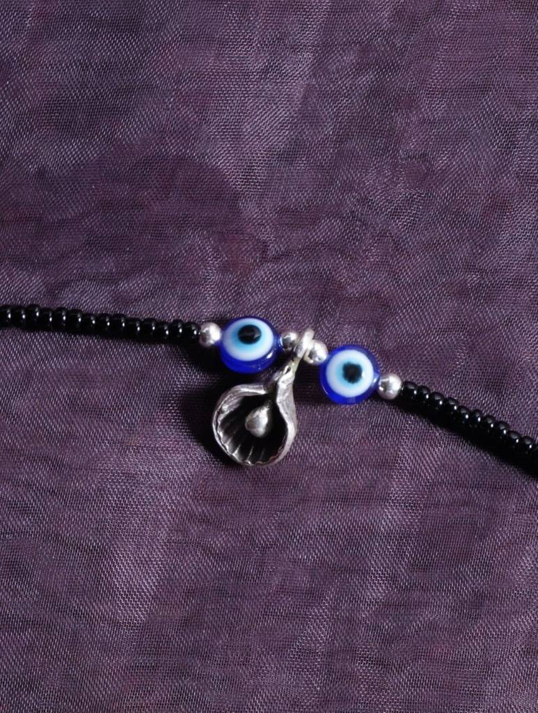 925 Sterling Silver Black Beads Evil Eye Anklet With Shell Charm : ARSA43