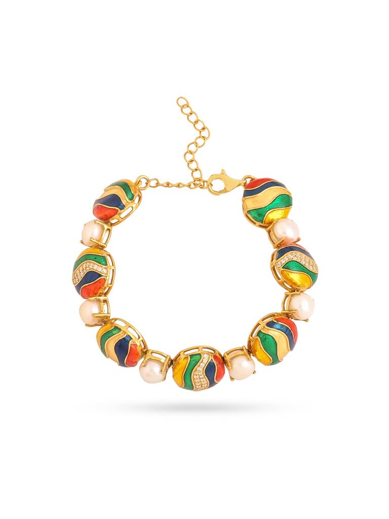 925 Sterling Silver Gold Plated Colorful Enamel With Pearl And Moissanite Bracelet For Women : KNPHSILB002
