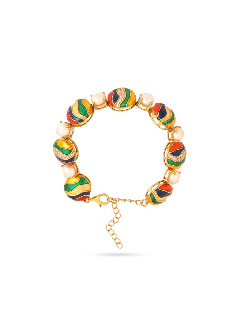 925 Sterling Silver Gold Plated Colorful Enamel With Pearl And Moissanite Bracelet For Women : KNPHSILB002