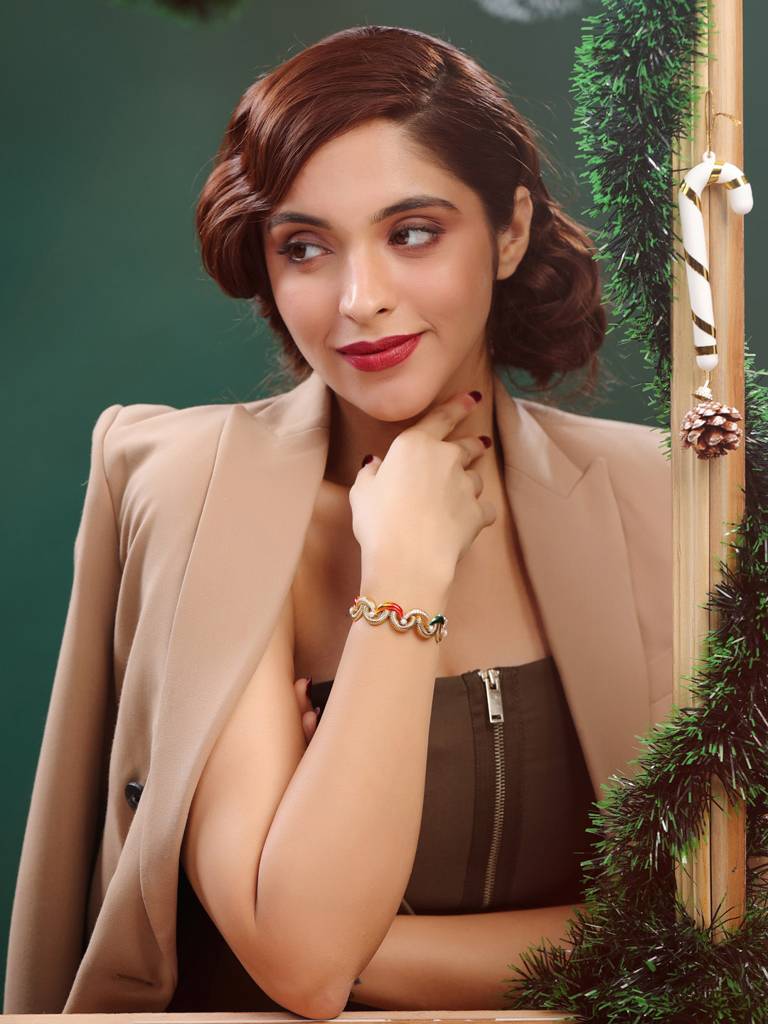 925 Sterling Silver Gold Plated Colorful Enamel With Pearl Adjustable Cuff Bangle For Women : KNPHSILB003