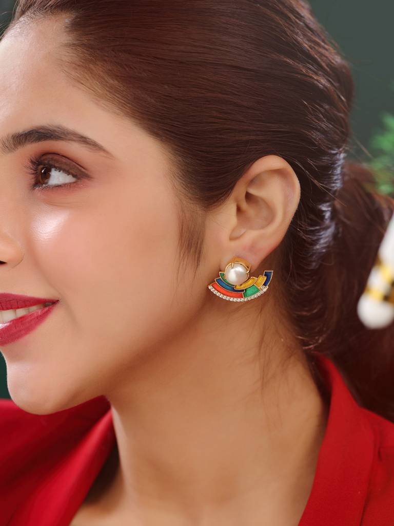 925 Sterling Silver Gold Plated Colorful Enamel With Pearl And Moissanite Harmony Earring For Women : KNPHSILE007