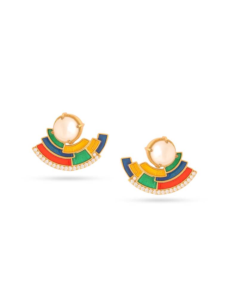 925 Sterling Silver Gold Plated Colorful Enamel With Pearl And Moissanite Harmony Earring For Women : KNPHSILE007