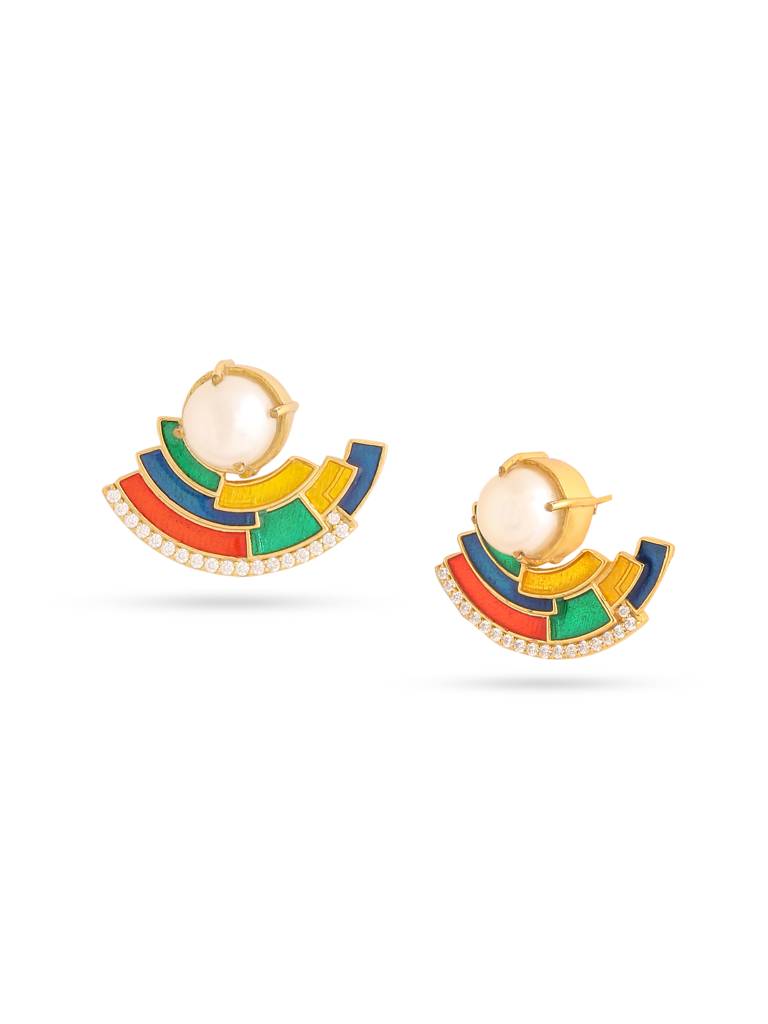 925 Sterling Silver Gold Plated Colorful Enamel With Pearl And Moissanite Harmony Earring For Women : KNPHSILE007