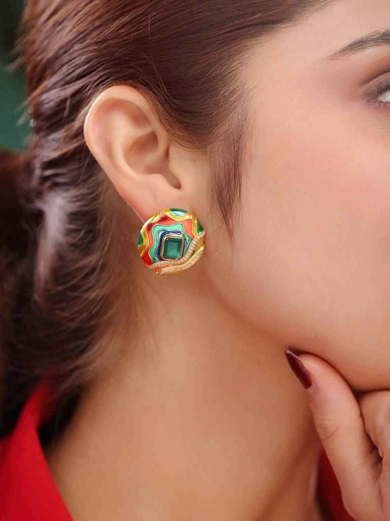 925 Sterling Silver Gold Plated Colorful Enamel With Moissanite Oval Earring For Women : KNPHSILE008
