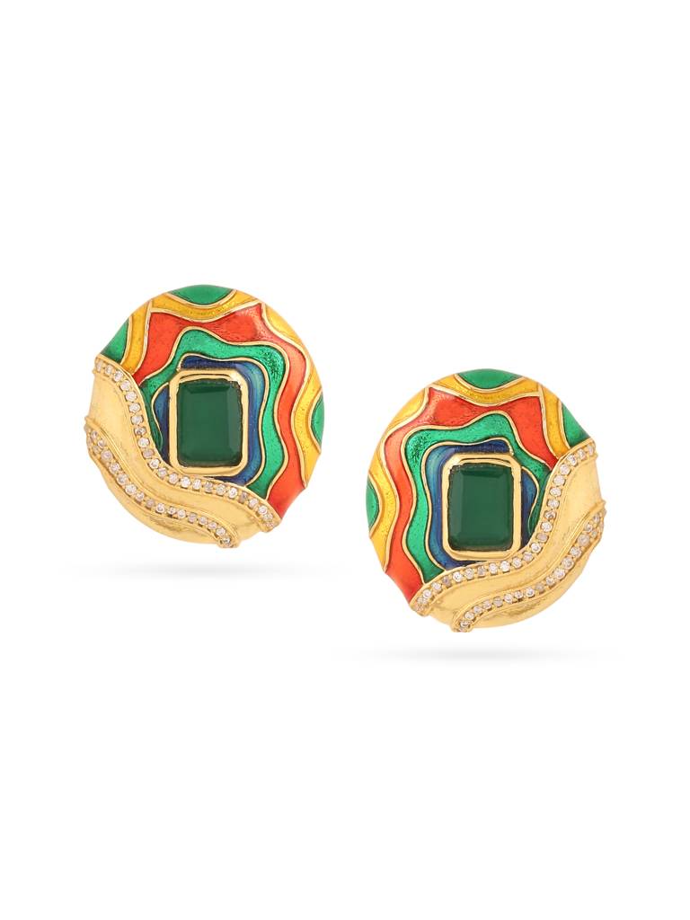 925 Sterling Silver Gold Plated Colorful Enamel With Moissanite Oval Earring For Women : KNPHSILE008
