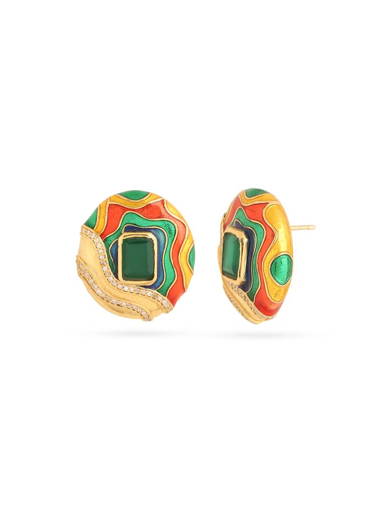 925 Sterling Silver Gold Plated Colorful Enamel With Moissanite Oval Earring For Women : KNPHSILE008