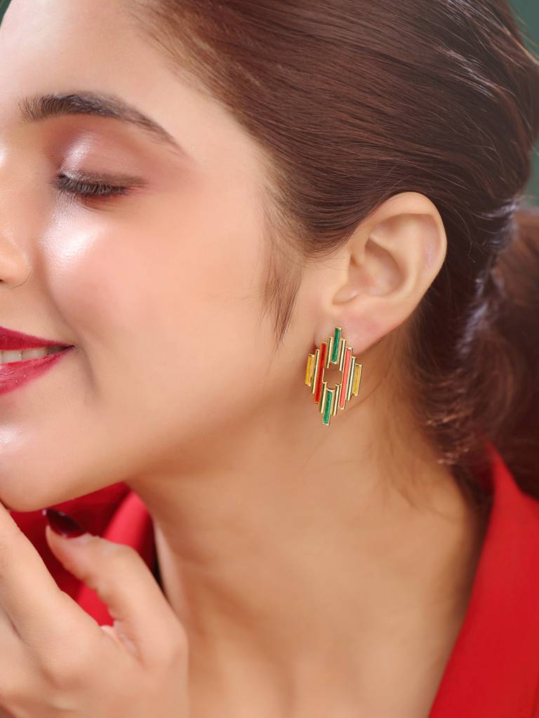 925 Sterling Silver Gold Plated Colorful Enamel Spectrum Earring For Women : KNPHSILE012