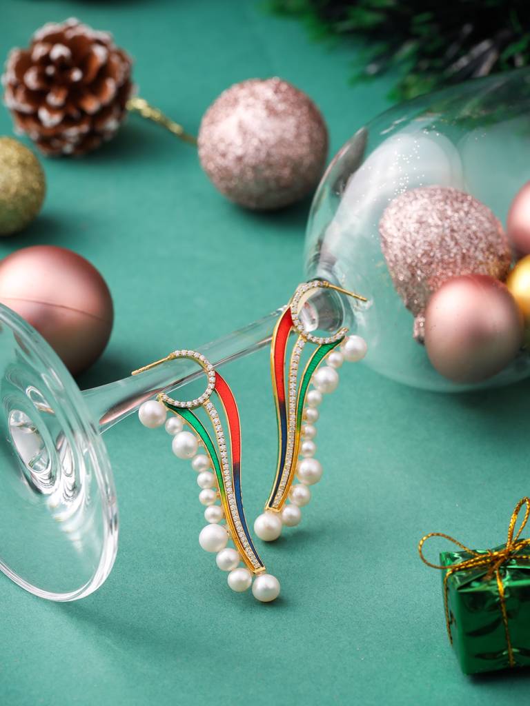 925 Sterling Silver Gold Plated Colorful Enamel With Moissanite And Pearl Danglers Earring For Women : KNPHSILE013