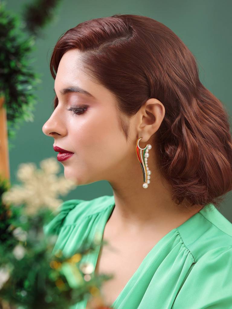 925 Sterling Silver Gold Plated Colorful Enamel With Moissanite And Pearl Danglers Earring For Women : KNPHSILE013
